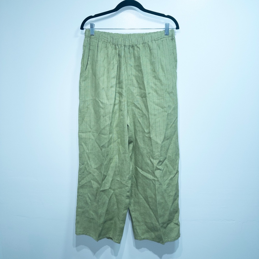 Flax‎ Green Tea 100% Linen Wide Leg Textured Chartreuse Lagenlook Pants Medium